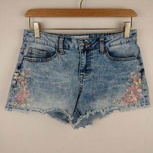 ANGEL KISS Jean Shorts Women Juniors Size 9 Raw Hem Denim Distressed Floral